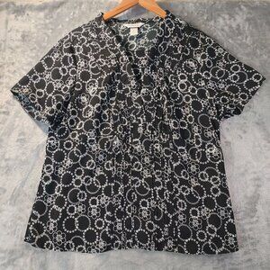Christopher & Banks Womens XL‎ Black White Floral Button Front Top Short Sleev